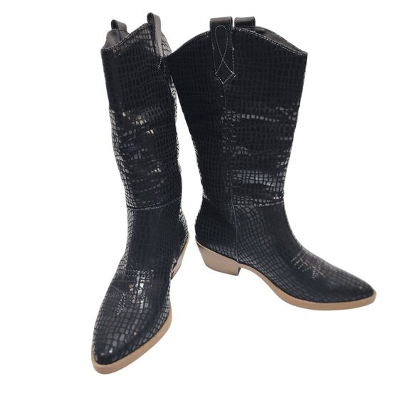 Black Croc-Embossed Mid-Calf Western Boots Size 6M Faux Leather Upper Block Heel - Picture 6 of 10